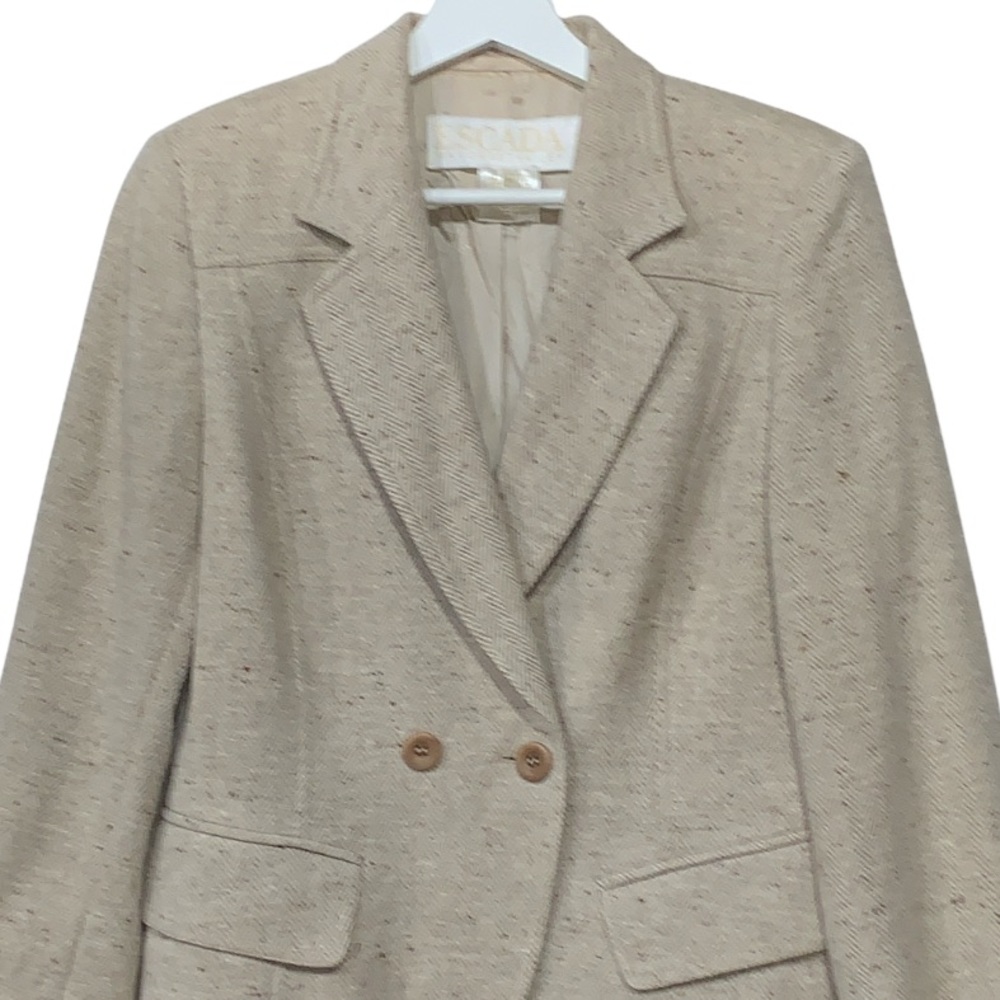 Escada Cashmere Old Money Wool Blazer Herringbone Tweed Oatmeal Ecru Tan Sz 36 - Picture 2 of 9